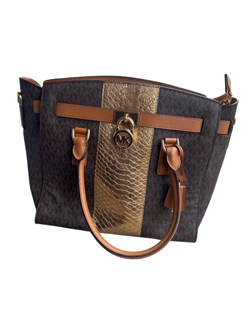 Michael Kors Brown & Gold Monogram Tote Bag With Leather Trim & MK Charm